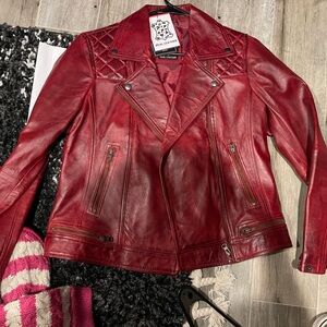 New With Tags Large Red Leather Moto Jacket
